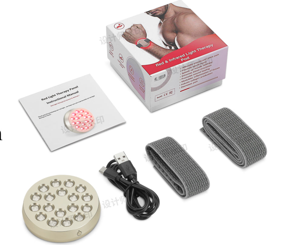 Red light therapy pad with packaging, USB cable, and straps on a white background