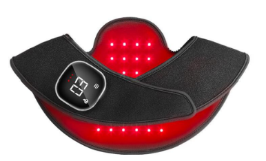 Black  red light massager for shoulders and back with digital display on a white background