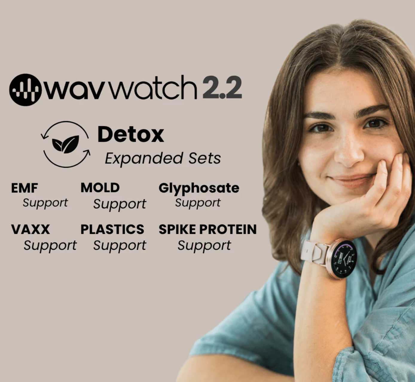 Woman wavwatch 2.2 detox benefits listed.