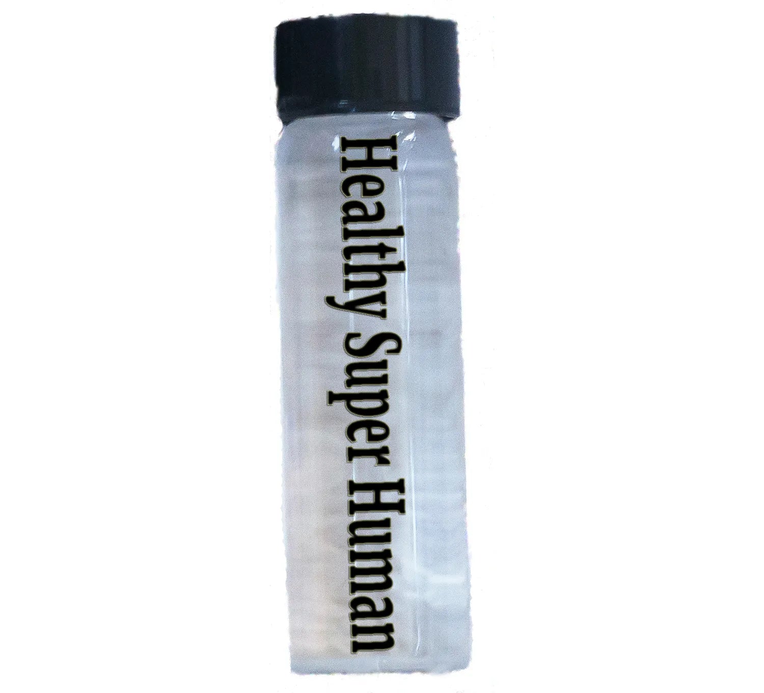 A clear plastic vial labeled 'Healthy Super Human' with a black lid, containing a liquid or powder that is intended to boost health and wellness.