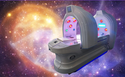 Medical device with glowing lights against a cosmic background