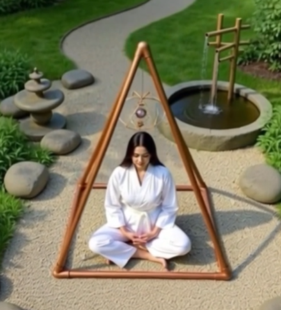 Person in a white outfit sitting inside a triangular wooden frame in a garden setting.