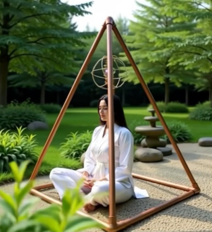 Person sitting inside a triangular wooden structure in a garden